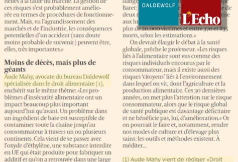 Droit alimentaire: "Les cas Ferrero et Buitoni montrent-ils qu'on mange moins sain?", dans L'Echo du 16 avril 2022